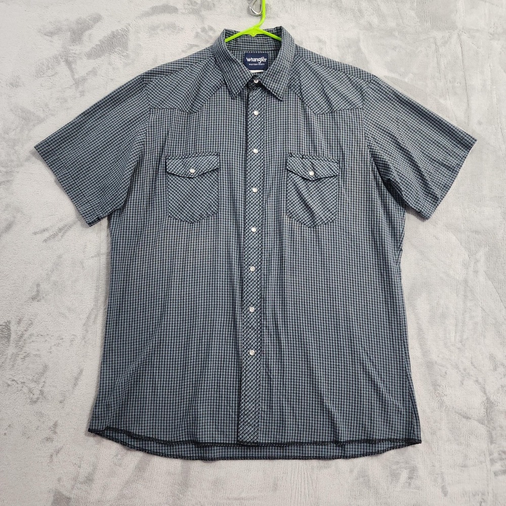 Vintage Wrangler Shirt Mens 3XL Blue Check Plaid Snap Front Western Short Sleeve